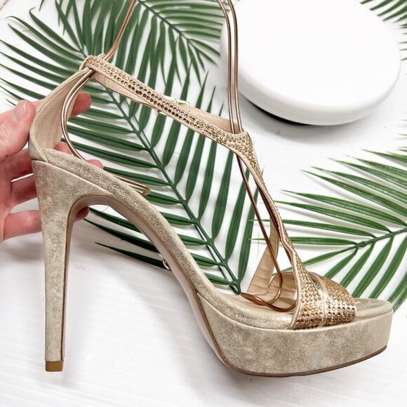 PELLE MODA Onora T-Strap Rhinestones High Heel Sandals In Platinum Size 7M - Picture 12 of 15